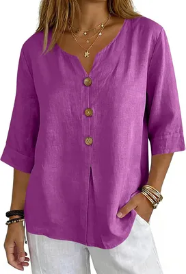 Image de ASKSA - Chemisier en mousseline pour femme, manches 3/4, chemisier d'été oversize, élégant, encolure en V, t-shirt, chemise hawaïenne, chemisier léger à manches courtes (Violet, L)