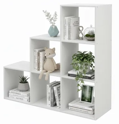Produktbild von Relaxdays Stufenregal, 6 Fächer, HxBxT: 97,5 x 97,5 x 29 cm, Regal Dachschräge, Bücherregal Wohnzimmer, Raumteiler, weiß