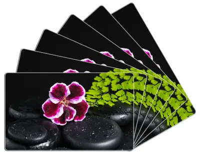 Produktbild von Wallario Frühstücksbrettchen 6er Set aus Glas, je 14 x 23 cm, mit rutschfesten Füßen, Motiv Geranienblüte auf schwarzen Steinen, benetzt mit Wassertropfen