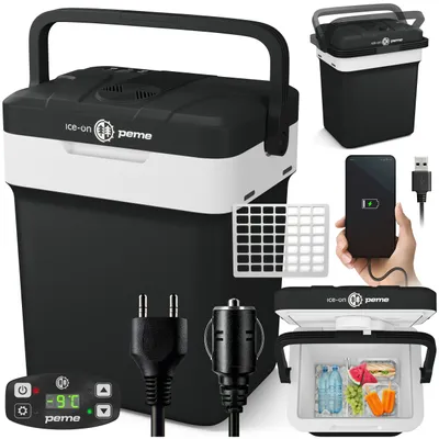 Produktbild von PEME Essential 26 Liter elektrische Kühlbox zum Kühlen und Warmhalten, 12/230V mobiler Kühlschrank, Eco-Modus, USB-Anschluss, für Camping und Auto