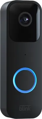 A black video doorbell with a blue illuminated ring.