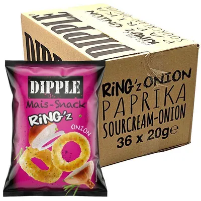Produktbild von DIPPLE Ringz Zwiebel 36x Beutel Snack Box Mais Snack Knabberartikel Großpackung