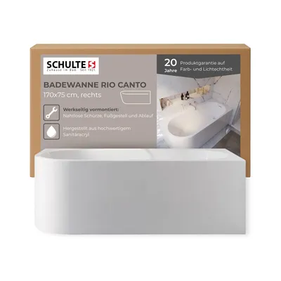 Produktbild von Schulte Badewanne 170x75 cm, Acryl, Komplettset mit vormontierter Schürze, Fußgestell und Ablauf-Überlauf-Garnitur, Modell: Rio Canto rechts, Weiß