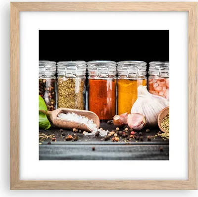 Produktbild von Gerahmtes Poster - Rahmen in heller Eiche - Gewürze Knoblauch Holz Salz - 30x30 cm - Wand Bild - Wanddeko - Wandbilder - Wandposter - Bilderrahmen - Bilder - Kunstdruck - Wandbild - P2NAC30x30-2896
