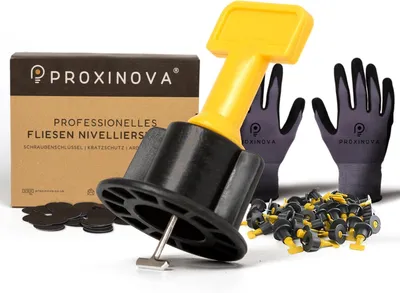 Produktbild von Proxinova Fliesen-Nivelliersystem Kit 100pcs Fliesenabstandhalter, Kratzschutz-System, 2 Schraubenschlüssel, Arbeitshandschuhe, 100 T-Stifte