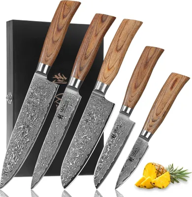 Produktbild von Wakoli Edib Pro 5er Damastmesser-Set I Holzbox I 8-20cm Klinge I Pakkaholzgriffe