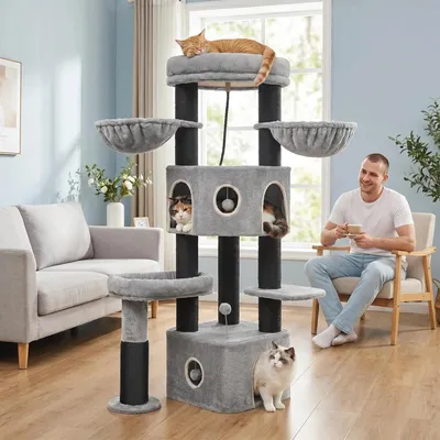Produktbild von Fobyfurny Kratzbaum, 163 cm Katzenbaum, 11 cm d Dicke Sisalstämme, für Große Katze, 2 Höhlen, Geräumige Plattform, Plüschball, Katzenbürste