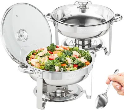 Zdjęcie produktu dla VEVOR 2 szt. Chafing Dish Professional Set Pojemniki do podgrzewania Stal nierdzewna + szkło Zestaw bufetowy Okrągły 2 x 3,5 L, 33,5 x 33,5 x 7 cm Każdy pojemnik, podgrzewacz do żywności na bufety, uroczystości rodzinne, bankiety, wesela itp.