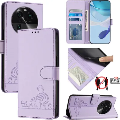 Produktbild von Leder Hülle für Oppo Find X6 Süße Katze Flip Case Brieftasche Schutzhülle mit Standfunktion Lila