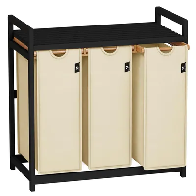 Produktbild von AdelDream Wäschekorb 3 Fächer Wäschesammler 150L Schwarzer Rahmen Wäschewagen mit Ablagen Ablagefläche–herausnehmbare,waschbare Wäschesäcke Wäschebox
