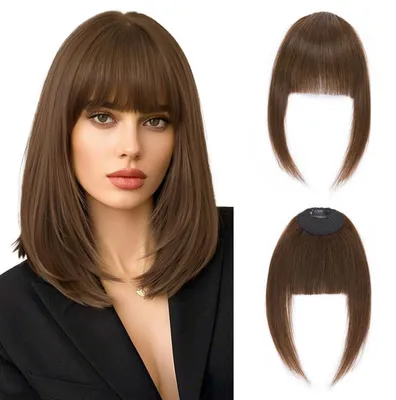 Immagine prodotto di Clip per parrucche con frangia, capelli veri, 14 grammi, color cioccolato, con frangia e ciocche laterali