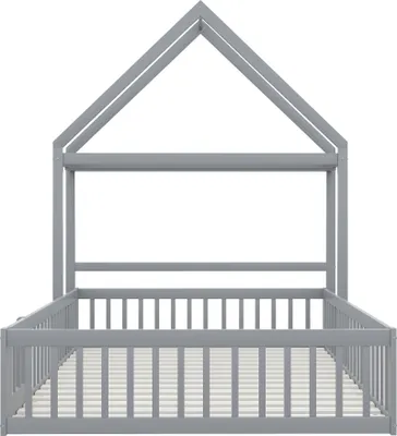 Produktbild von Kinderbett 140x200cm Massivholzbett(Ohne Matratze)Einzelbett Hausbett Holzbett Stauraumbett Mit Lagerregal Vollschutzgitter und Türen Grau