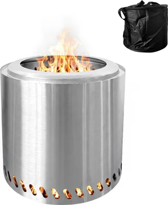 Produktbild von Relaxdays Feuerschale ohne Rauch, Edelstahl, HxD: 36 x 38 cm, Aschebehälter & Tasche, rauchfreie Feuerstelle, silber