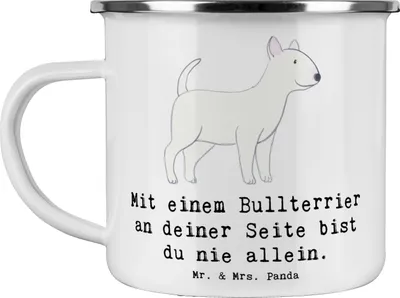 Produktbild von Mr. & Mrs. Panda Campingbecher Bullterrier Begleiter - Weiß - Geschenk, Kaffeepott, Emaille Tasse, Becher, Hunderasse, Freund fürs Leben, Hunderassen Eigenschaften, Pott