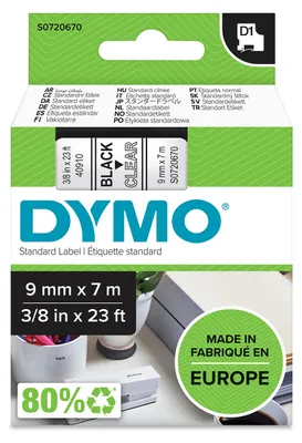 Produktbild von DYMO Original D1-Etikettenband | schwarz auf transparent | 9 mm x 7 m | selbstklebendes Etikettenband | für LabelManager-Beschriftungsgerät, Schwarz auf transparent, Polyester, Belgien, -18 - 90 °C, DYMO, LabelManager, LabelWriter 450 DUO