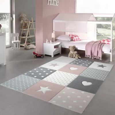 Produktbild von Kinderzimmer Teppich Spiel & Baby Teppich Herz Stern Punkte Design in rosa weiß grau Größe - 140 x 200 cm