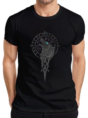 Productafbeelding van Wikings T-shirt, afbeelding: Wolf Fenrir, Vegvisir kompas, runen, Noors, Walhalla, herenmodel, zwart, maat XL