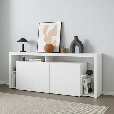 Produktbild von Kommode Ddariv, 3-türiges Wohnzimmer-Buffet, Wohnzimmer-Kommode, modernes Kommode, 100 % Italy, 200 x 40 x 80 cm, glänzendes Weiß