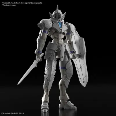 A white and gray robot knight with a sword and shield against a black background.