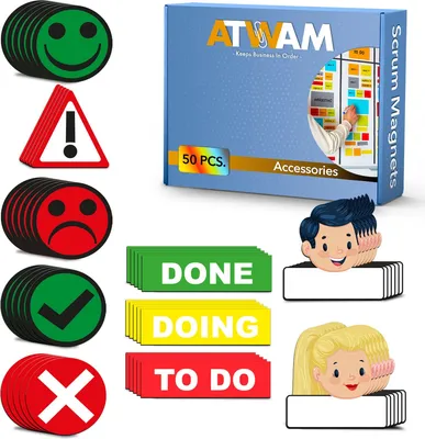 Obrázek produktu pro ATWAM – 60 popisovatelných magnetů a příslušenství, sada MEGA – Scrum & Kanban – popisovatelné magnetické proužky – 60 emotikonů na tabuli, magnetickou tabuli, magnetickou stěnu a ledničku