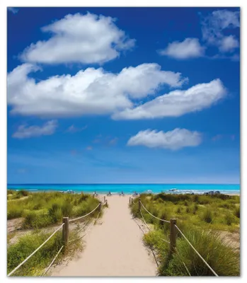 Produktbild von Wallario Herdabdeckplatte aus Glas, Größe 52 x 60 cm 1-teilig, Motiv Sandweg zum blauen Meer mit blauem Himmel
