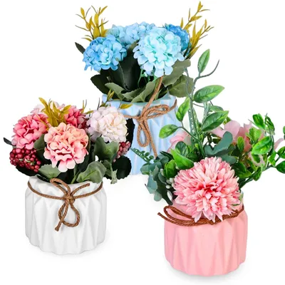 Produktbild von Omgoods – Set aus 3 Kunstblumen in Keramikvasen für Tischdekoration