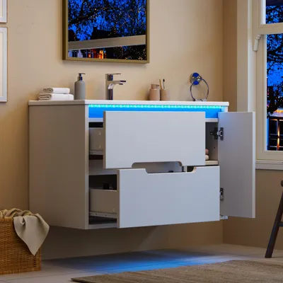 Image de Armoire de salle de bain suspendue, avec vasque en céramique, éclairage LED, étagères réglables, sans robinet, meuble-lavabo, couleur blanche