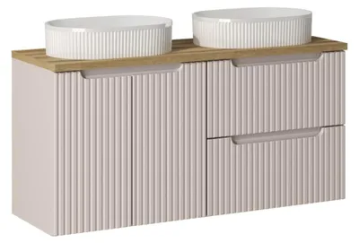 Productafbeelding van Ensemble VANO kasjmier en eiken 120cm: onderkastmeubels met lades en kastjes + geribbelde witte opbouwwastafels