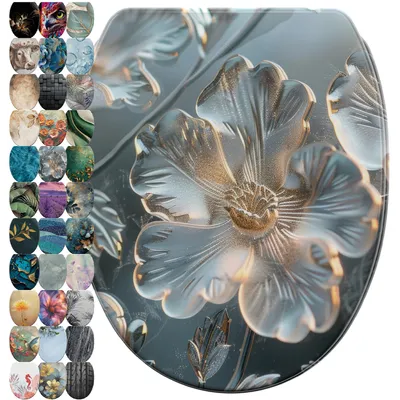 A collage of toilet seat designs, with one large image of a toilet seat with a frosted floral design.
