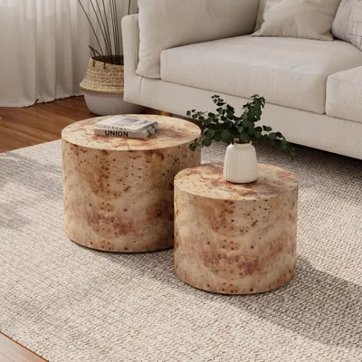 Produktbild von Nesting-Couchtisch-Set 2er-Pack, rund, Holz, modernes Design, 48 x 48 x 38 cm, Naturholz
