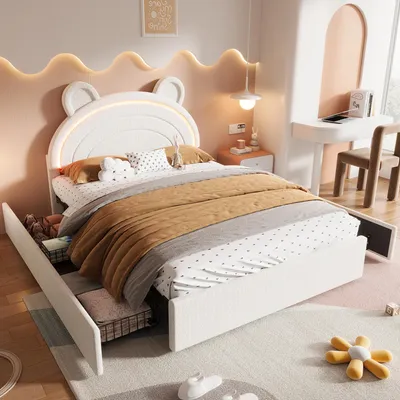 Produktbild von Kinder-Polsterbett 140 x 200 cm, Beige, mit Bären-Kopfteil, 4 Schubladen an beiden Bettseiten, App-gesteuerter LED-Beleuchtung und Belastbarkeit bis 220 kg