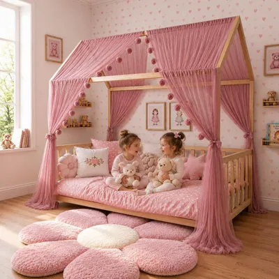 Produktbild von Himmelbett für Kinderzimmer mit Baldachin und Vorhang in Altrosa