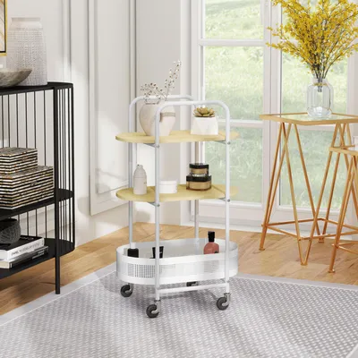 Image de Chariot de service avec 2 étagères, un panier et des poignées, dimensions 49,5 x 32,5 x 82,5 cm, 4 roulettes, couleur blanc et bois naturel