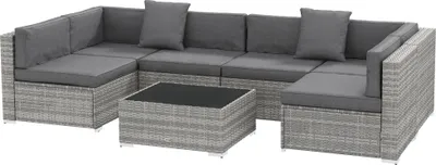 Image de Outsunny Ensemble salon de jardin 7 piššces modulables, coussins dšŠhoussables inclus, table basse avec plateau verre trempšŠ, en ršŠsine tressšŠe, gris