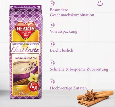 Produktbild von HEARTS Chai Latte Pulver 1kg  Instant Tee-Getränk 65 Tassen