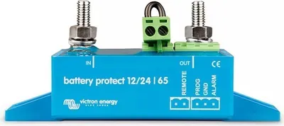 A blue Victron Energy battery protect device with silver terminals and a green connector block.
