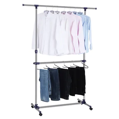 Produktbild von SONGMICS Rollgarderobe Doppelstange aus Edelstahl (101-163) x 49 x (113-198) cm verstellbare Kleiderstange Kleiderständer Blau LLR41L