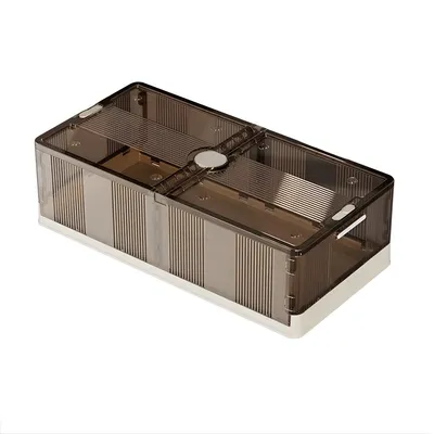 Imagen del producto de Juego de 2 cajas de almacenamiento plegables para debajo de la cama – Con ruedas y a prueba de polvo – Organizador de plástico transparente de 90 litros para el dormitorio – Color marrón