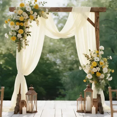 Image de Tissu de décoration pour arche de mariage - Voile de fond en mousseline ivoire - Rideaux pour arche de mariage, idéaux pour la photographie, les fêtes et les mariages