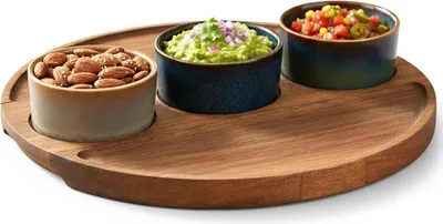 Image de Ensemble de 4 bols à goûter en céramique avec plateau en acacia