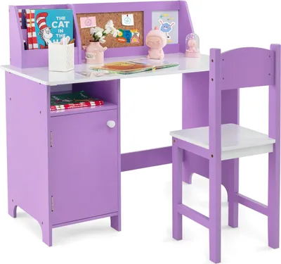 Zdjęcie produktu dla Zestaw biurek dla dzieci COSTWAY, drewniane biurko szkolne, biurko dziecięce z krzesłem, regał, szafka i szafka na pinezki dla dzieci od 3 lat, fioletowy