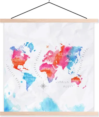Produktbild von MuchoWow® Textilposter Weltkarte - Farben - Aquarellfarben 60x60 cm mit holzfarbenen Rahmen - Wanddekoration