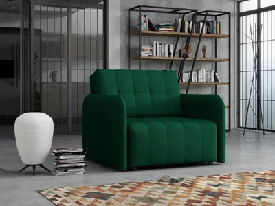 A green sofa bed is shown in a modern living room setting, with a bookshelf in the background.