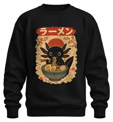 Zdjęcie produktu dla Bluza z kapturem "Kawaii Axolotl Ramen", styl anime, motyw sakura, Japonia, styl Y2K, czarny kolor, rozmiar S