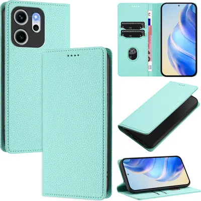 Produktbild von Litchi Leder Handyhülle für Oppo Reno14 F Wallet Kartenfächer Standfunktion Hülle Türkis