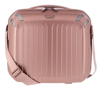 A rose gold travelite beautycase is shown against a white background.
