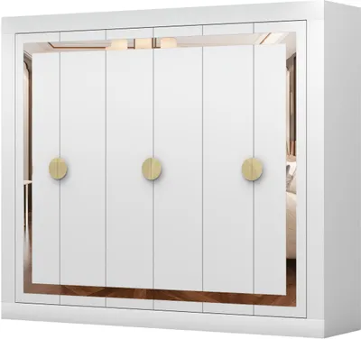 Produktbild von Drehtürenschrank Kleiderschrank Schrank 230 cm Weiß/Weiß 6 türig mit Spiegeldekoren PERL