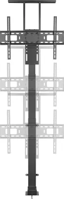 A motorized TV lift mechanism shown in a neutral, upright position against a white background. Multiple ghosted images of a TV are shown at different heights to illustrate the lift's range of motion.