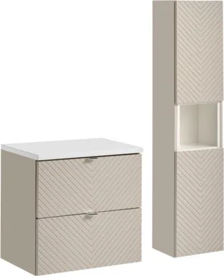 Image de Ensemble AOKI : meuble sous vasque à tiroirs 60cm + plan vasque blanc + colonne de rangement
