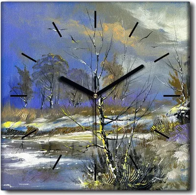 Produktbild von Coloray Uhr auf Leinwand 30x30 cm Wand Uhr Dekoration Wohnzimmer Segeltuch schwarze Hände -Winterwaldlandschaft.